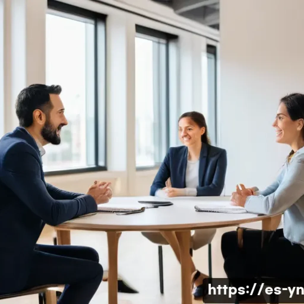 감정 인식 대화에서의 효과적인 질문 기법 - A warm, inviting office meeting scene with diverse Spanish-speaking professionals in their 30s and 4...