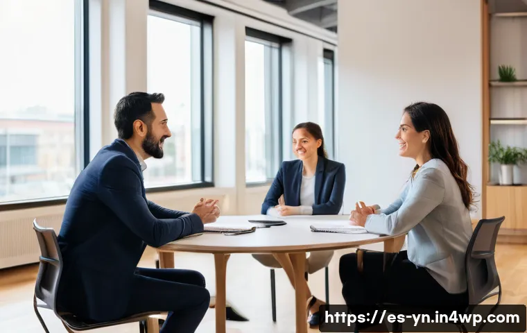 감정 인식 대화에서의 효과적인 질문 기법 - A warm, inviting office meeting scene with diverse Spanish-speaking professionals in their 30s and 4...