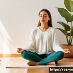 감정 인식 향상을 위한 실천 작업 - A serene young Spanish woman sitting cross-legged in a sunlit room, practicing mindful breathing wit...
