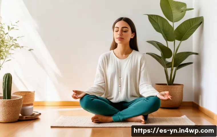 감정 인식 향상을 위한 실천 작업 - A serene young Spanish woman sitting cross-legged in a sunlit room, practicing mindful breathing wit...