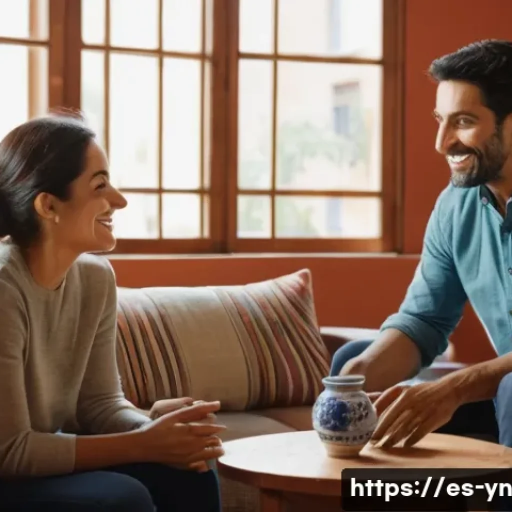 감정 인식 대화에서의 실용적인 피드백 - A warm, intimate scene of two Spanish-speaking adults engaged in a heartfelt conversation in a cozy,...