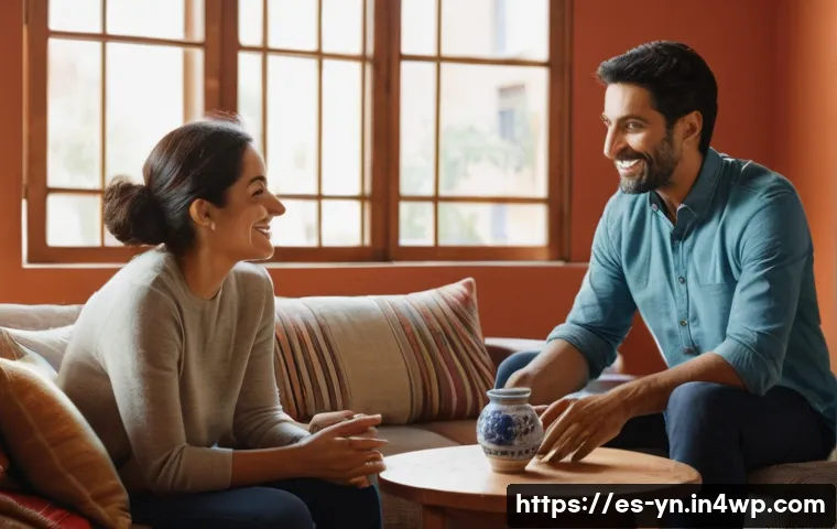 감정 인식 대화에서의 실용적인 피드백 - A warm, intimate scene of two Spanish-speaking adults engaged in a heartfelt conversation in a cozy,...