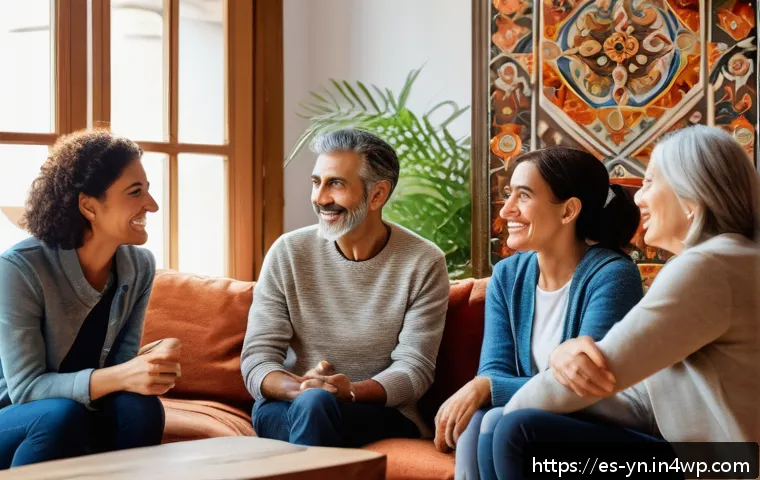 상대방의 감정을 이해하기 위한 청취 기술 - A diverse group of Spanish-speaking adults sitting in a warm, cozy living room engaged in an empathe...
