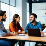 감정 인식 대화를 통한 문제 해결 전략 - A diverse group of Spanish-speaking coworkers in a modern office setting engaged in an active listen...