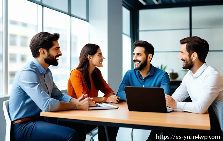 감정 인식 대화를 통한 문제 해결 전략 - A diverse group of Spanish-speaking coworkers in a modern office setting engaged in an active listen...